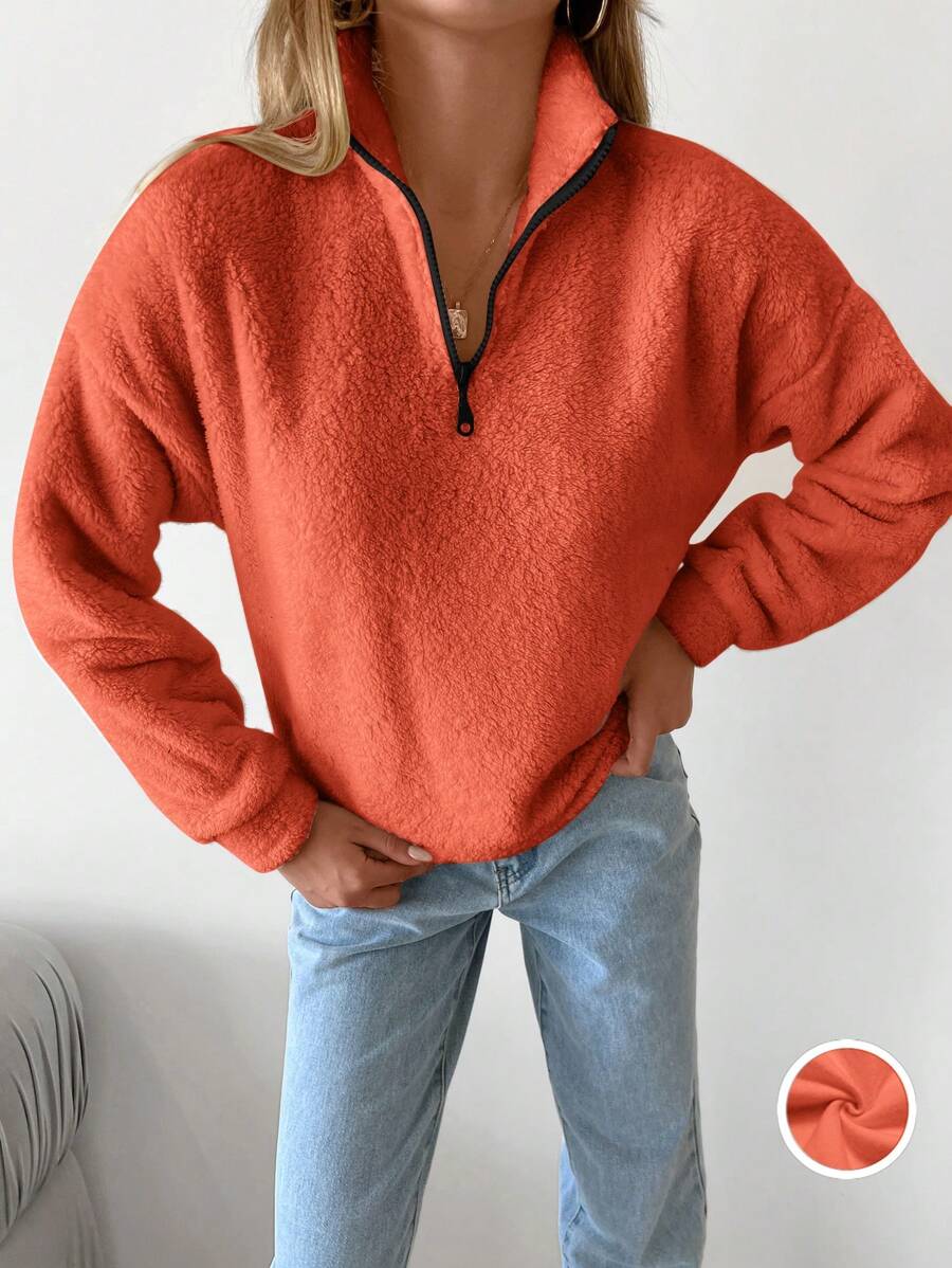 RueChic Half Zip Drop Shoulder Teddy Sweatshirt - Orange - View 1