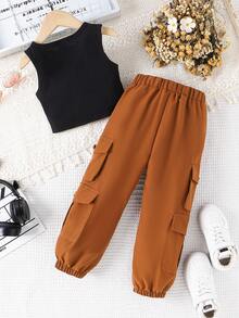 SHEIN 女童上衣和工装口袋运动裤两件套 - 卡其色 - 查看 2