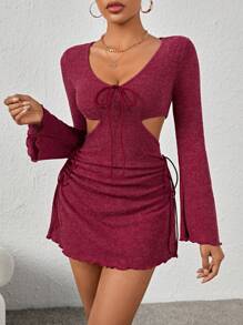 SHEIN PETITE 女款鏤空腰部百褶洋裝 - 酒紅色 - 查看 7