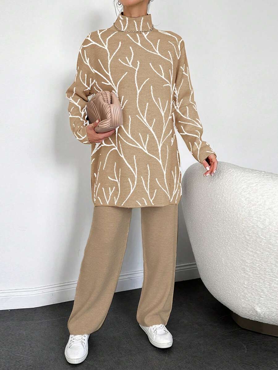SHEIN Women'S Branch Print Mock Neck Sweater And Solid Color Pants 2pcs/Set - Camel - View 1