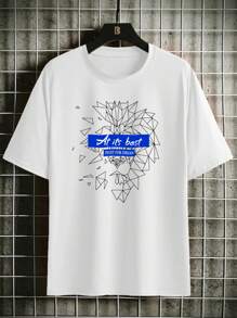 青少年男孩幾何及字母印花短袖t恤 - 白色 - 查看 1