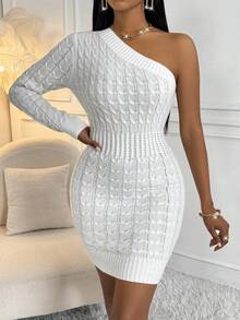 SHEIN Slayr One Shoulder Cable Knit Sweater Dress - White - View 6
