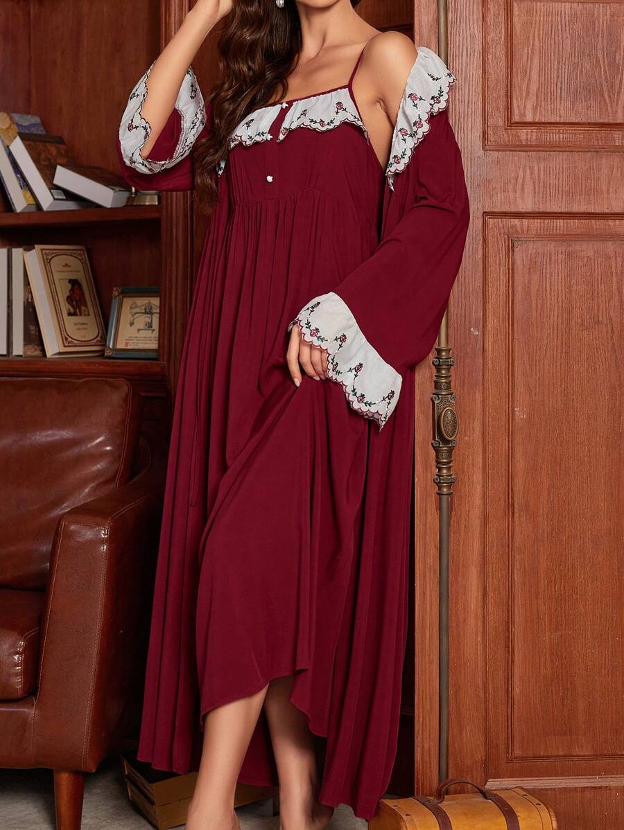 PalaceNights Women's Floral Embroidered Long Sleeve Tie Front Robe And Cami Nightgown Pajama Set Holiday Season, Fall Winter Clothes