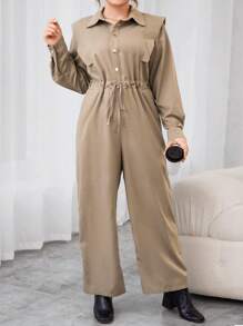 SHEIN Essnce Women'S Plus Size Drawstring Waist Shirt Jumpsuit - Khaki - View 5