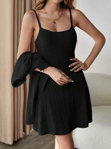 SHEIN Privé 女款純色羅紋針織兩件套 - 黑色 - 查看 4