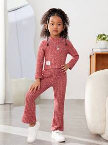 SHEIN 2 件装少女纯色罗纹长袖 T 恤和喇叭裤套装 - 珊瑚粉 - 查看 6