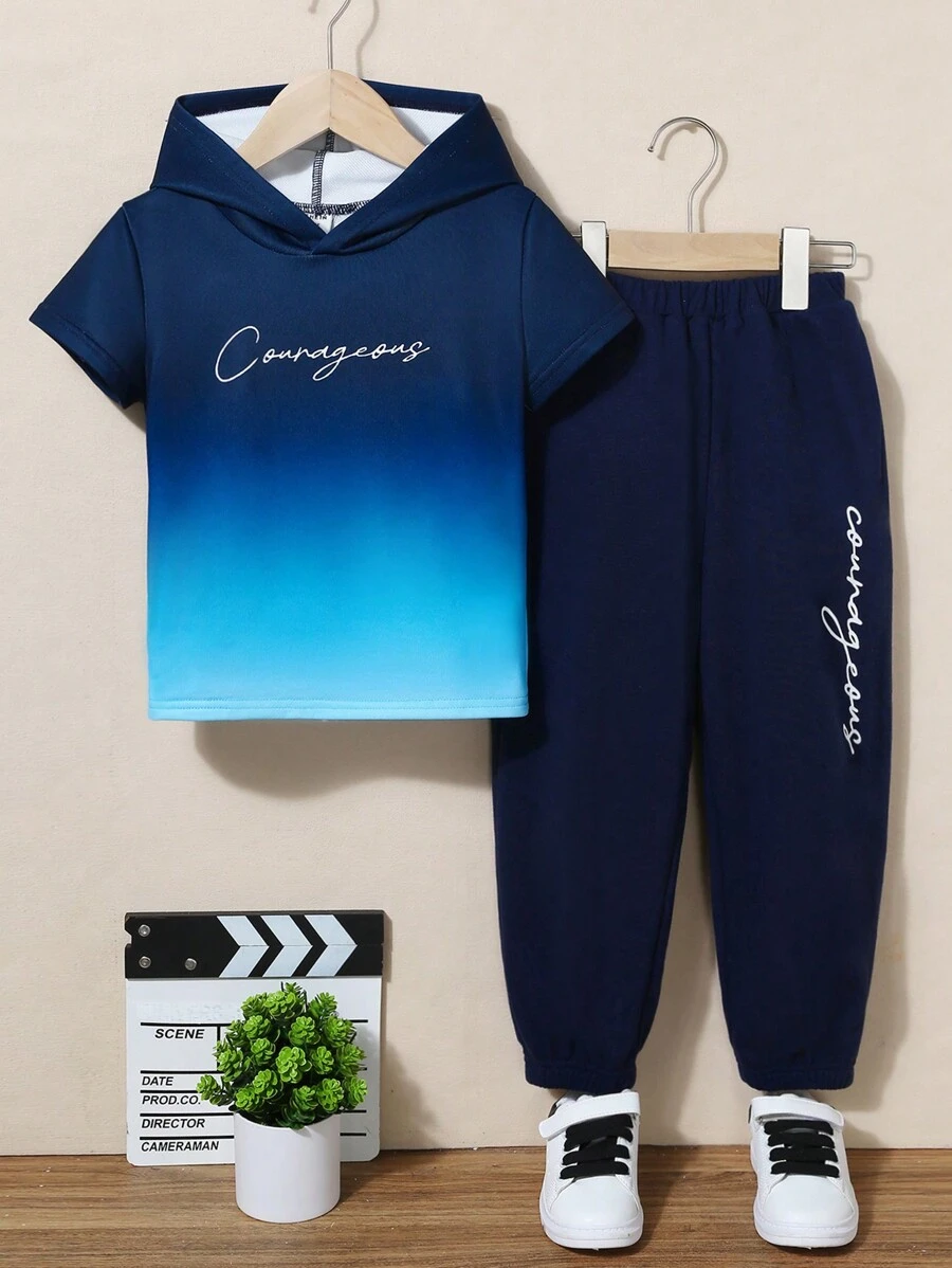Young Boy Gradient Pattern Hooded Sweatshirt And Pants Casual Sets