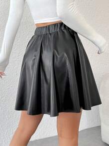 SHEIN PETITE 高腰仿皮裙 - 黑色 - 查看 2