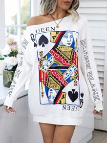 Calvaya Vestido Estilo Sudadera Con Hombros Inclinados De Moda De Talla Grande Con Estampado De Naipes - Blanco - Ver 1