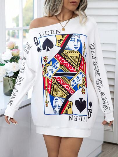 Calvaya מידות גדולות פאשניסטה משופע כתף שמלת סווטשירט עם קלפי משחק תבנית