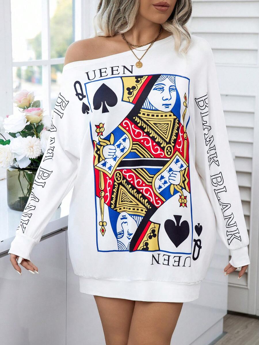Calvaya Vestido Estilo Sudadera Con Hombros Inclinados De Moda De Talla Grande Con Estampado De Naipes - Blanco - Ver 1