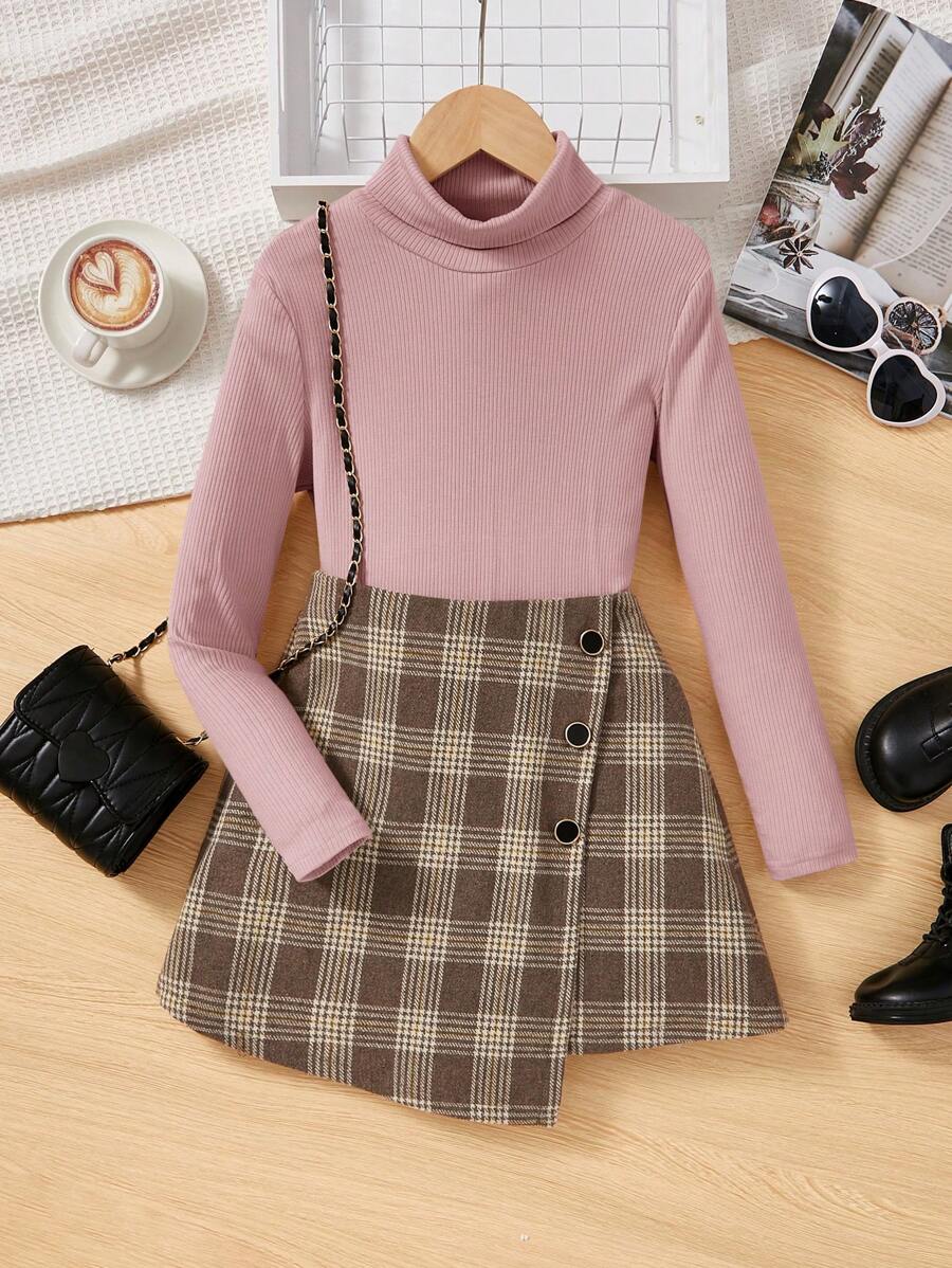 Tween Girls' Knitted Solid Color Stand Collar Casual Top And Plaid Skirt Set - Dusty Pink - View 1