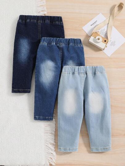 SHEIN Vintaside Kids 女婴中性休闲日常全弹力腰平口袋弹力牛仔裤三件套，最佳日常基础款牛仔裤，时尚秋冬款
