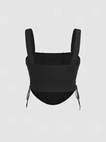 SHEIN MOD Plus Size Shoulder Strap Wide Strap Top With Tie Side - Black - View 3