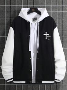 Manfinity 男士十字印花棒球夾克 - 黑與白 - 查看 1