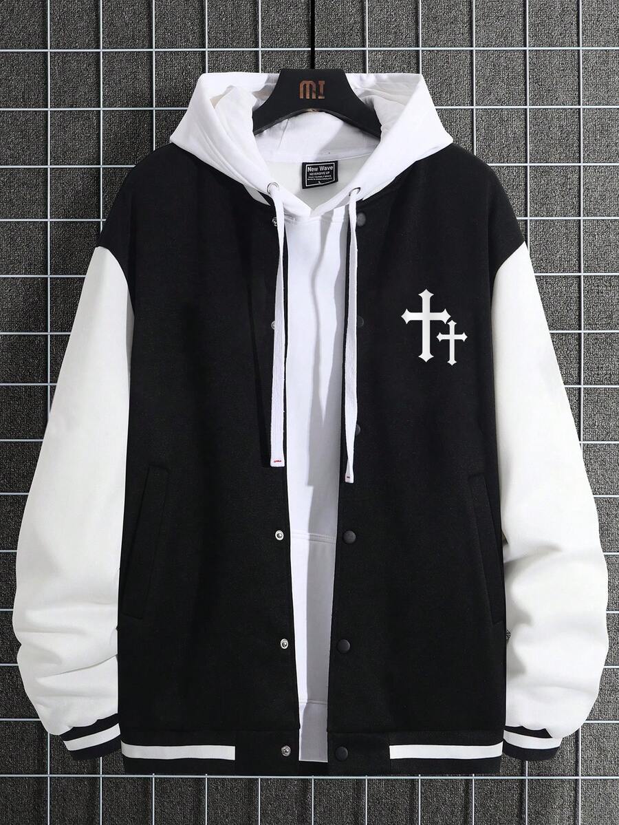Manfinity 男士十字印花棒球夾克 - 黑與白 - 查看 1