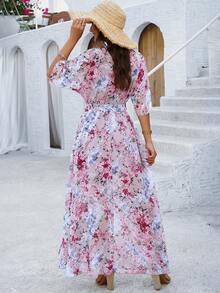 PoPoHouse Women's Elegant Romantic Holiday Wind Floral Print Belt Summer Dress, Beach Vacation Outfits Women - Pink - View 2