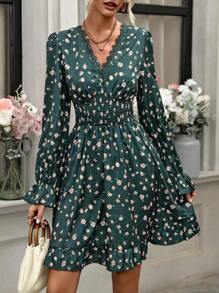 SHEIN LUNE 女款花卉印花分層荷葉邊袖蕾絲拼接連衣裙 - 墨綠色 - 查看 1