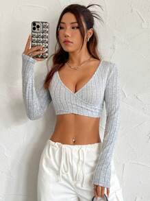 SHEIN EZwear Của phụ nữ Màu thuần Sự tréo nhau Bọc Top Cây trồng - Xám - Xem 6