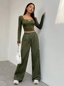 SHEIN EZwear Long Sleeve Crop Top & Cargo Pants Set - Army Green - View 5