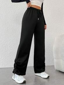SHEIN PETITE Drawstring Waist And Side Design Long Pants - Black - View 3