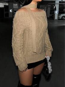 Zolique 不对称领口麻花针织套头衫秋冬毛衣 - 卡其色 - 查看 5