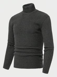 RueChic Men Turtle Neck Ribbed Knit Sweater - Dark Grey - View 1