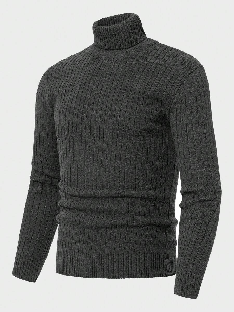RueChic Men Turtle Neck Ribbed Knit Sweater - Dark Grey - View 1
