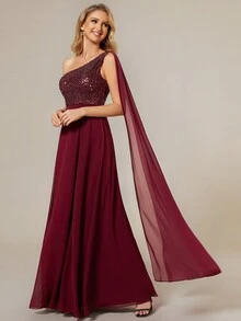 Váy dạ hội khăn choàng chắp vá sequin thanh lịch - Màu Đỏ Sâu - Xem 3