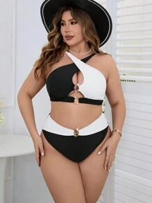 SHEIN Swim Curve Plus Size Color Block Cross Back Hollow Out Bikini Set Bãi biển mùa hè - Đen và trắng - Xem 4
