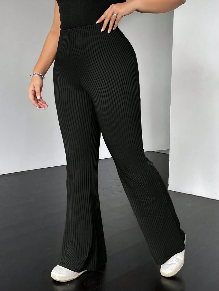 SHEIN EZwear Pantalones negros de campana acampanados y acanalados para mujer de talla grande