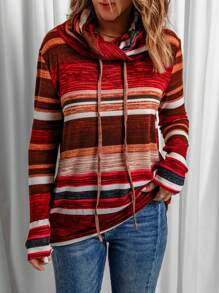 Women's Striped Hooded Sweatshirt Long Sleeved Casual Pullover Hoodie Multi-Colored Striped Pocket Top - Burgundy - View 1
