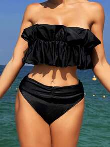 SHEIN Swim Ensemble de bikini bandeau plissé à volants de couleur unie pour femmes
