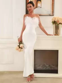Modphy 優雅性感女款無袖露肩長款婚禮派對晚禮服，附人造羽毛裝飾，白色秋季款 - 白色 - 查看 1
