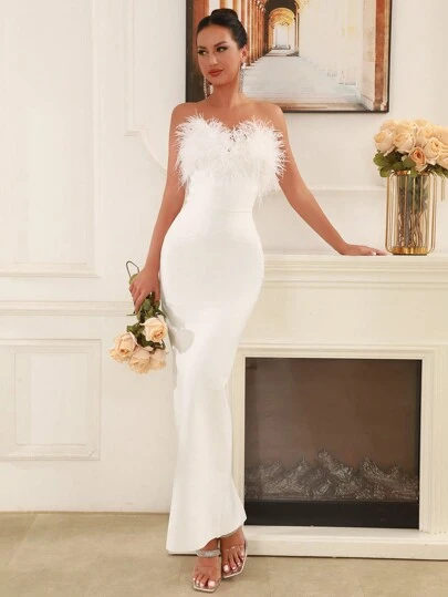 Modphy Sexy Off-Shoulder Sleeveless Backless Bodycon Long Bandage Dress With Faux Feather Decoration, Elegant Party Wedding Guest Bridesmaid Birthday Event Formal Maxi Gown