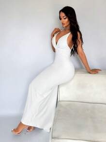 SHEIN SXY Summer Sexy Open Back Fishtail White Prom Dress,White Graduation Dress