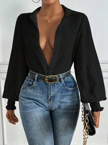 SHEIN Privé Solid Color Lantern Sleeve Shirt - Black - View 7