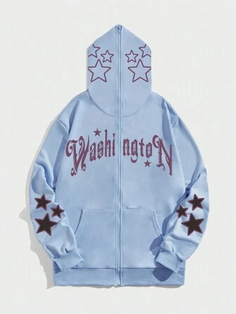 Street Life Men's Letter & Star Printed Zip-Placket Hoodie