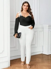 Celure Body Épaules Dénudées Taille Plus Brodé Fleuri À Patchwork Évidé