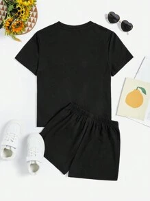 適合夏季的少女休閒簡約肖像圖案短袖上衣和短褲2件套 - 黑色 - 查看 2