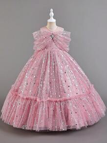 小女孩正式晚禮服,星空網紗紗裙公主長禮服,適用於演出或主持 - 藕粉色 - 查看 1