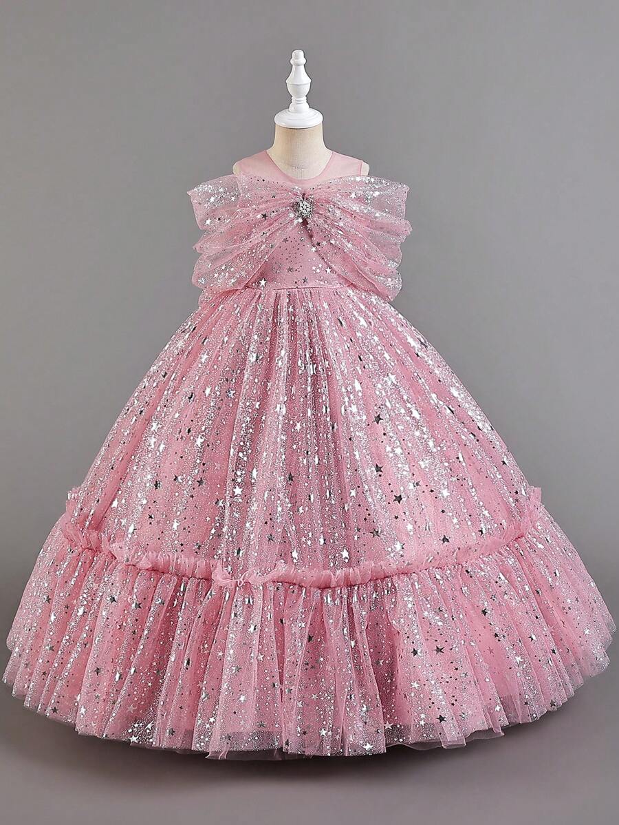 小女孩正式晚禮服,星空網紗紗裙公主長禮服,適用於演出或主持 - 藕粉色 - 查看 1