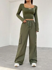 SHEIN EZwear Long Sleeve Crop Top & Cargo Pants Set - Army Green - View 3
