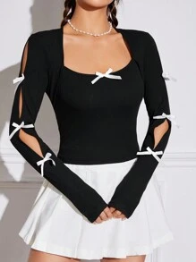 SHEIN MOD 女用蝴蝶結裝飾長袖 T 卹 - 黑色 - 查看 1