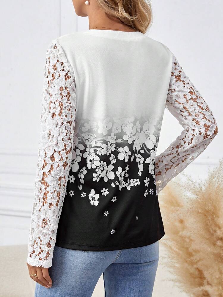 Floral Pattern Lace Panel Sleeves Shirt