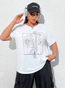 SHEIN EZwear 大尺碼花卉印花t恤 - 白色 - 查看 4