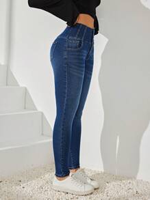 SHEIN Privé 高腰扣子修身牛仔褲 - 深色水洗藍 - 查看 1