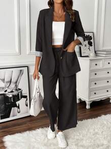 SHEIN Clasi Striped Contrast Rolled Cuff Blazer Set - Black - View 3