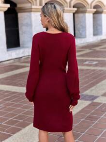 EURMUSE 女士針織連衣裙 - 酒紅色 - 查看 2