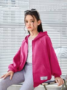 SHEIN Áo nỉ tay raglan dáng rộng in hình trái tim dành cho bé gái tuổi teen, có lớp lót giữ nhiệt, thích hợp mặc thường ngày. - Màu Hồng Tươi - Xem 5